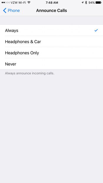 how to speak the caller's name or number on an iPhone