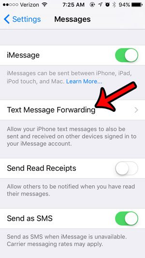 open the text message forwarding menu