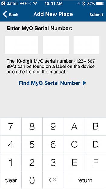 enter the myq garage serial number