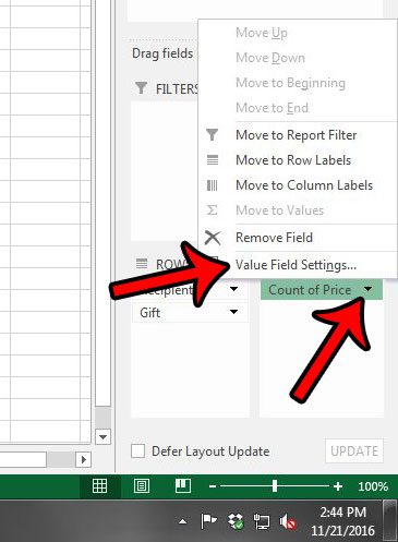 click the value field settings option