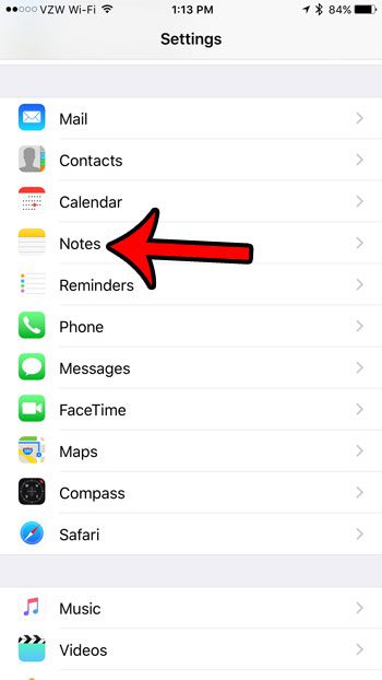 open the Notes setting menu