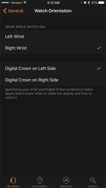 how to change the wrist setting for the apple watch from an iphone