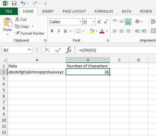 completed LEN formula in Excel 2013