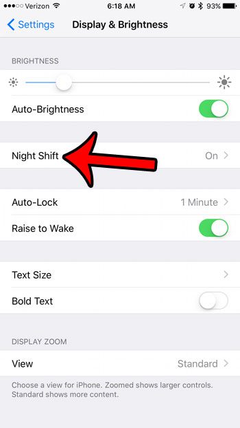 open the night shift menu on the iphone