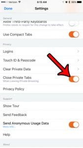 how to close private tabs when you exit in firefox on iphone
