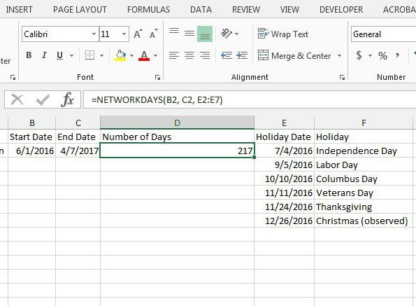 how to find the number of workdays between two dates in excel