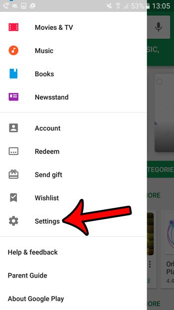 select the settings option on the play store menu