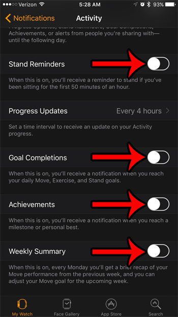 how to turn off activity notifications on the apple watch