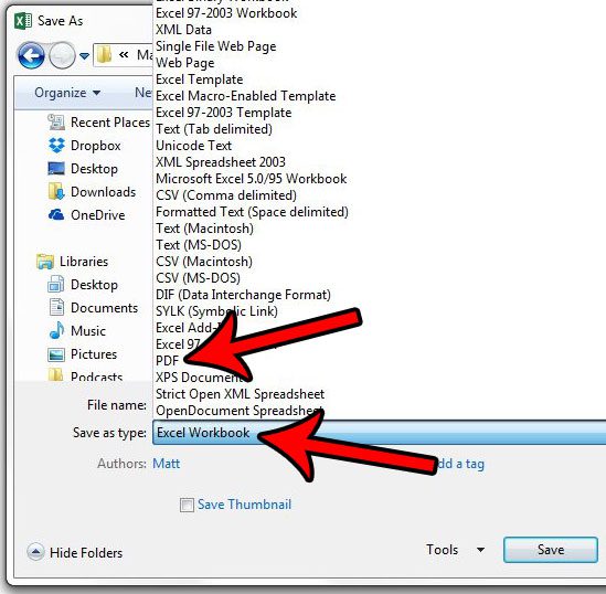 change the save as type option to pdf in excel 2013