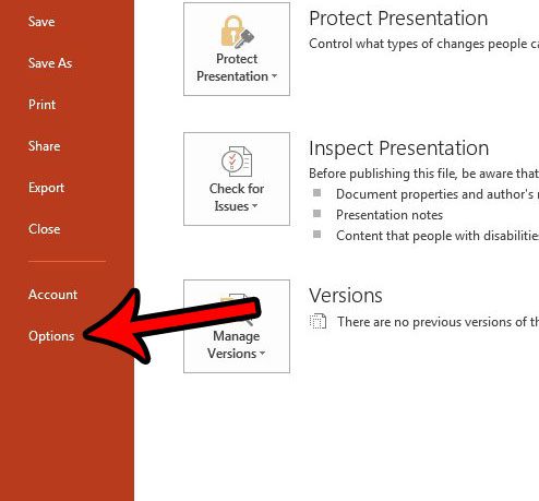 open the powerpoint options menu