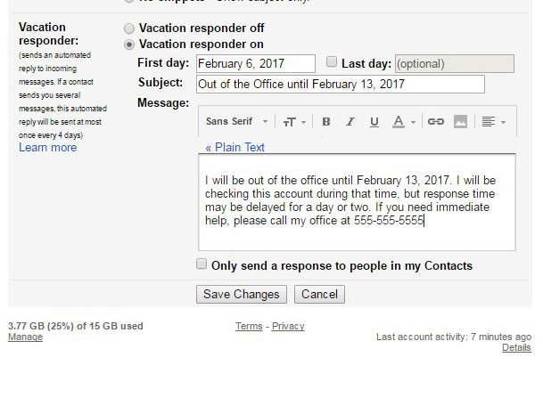 how to set an out of office reply in gmail