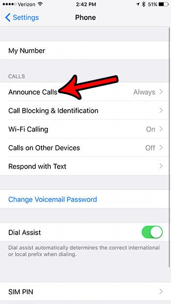 how to turn off call announcing on an iphone