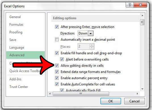 cómo editar directamente en la celda en Excel 2013