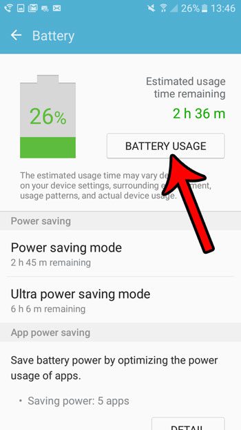 how to see battery usage by samsung galaxy on5