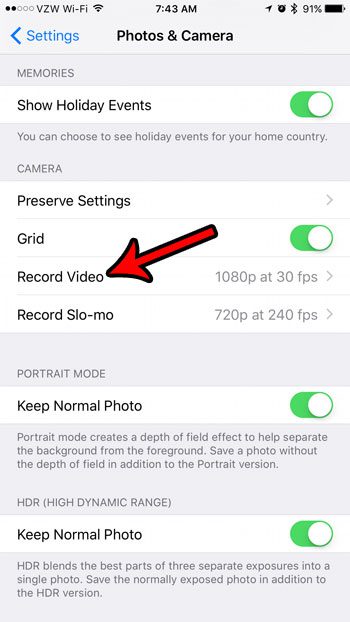 How to find resolution setting for recorded video on iphone 7