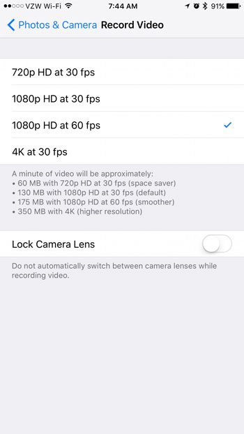How to change the resolution of recorded video on iphone 7