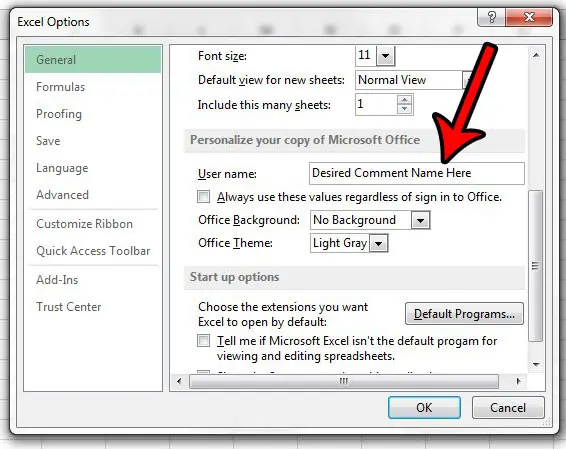 how to change comment author name in excel 2013