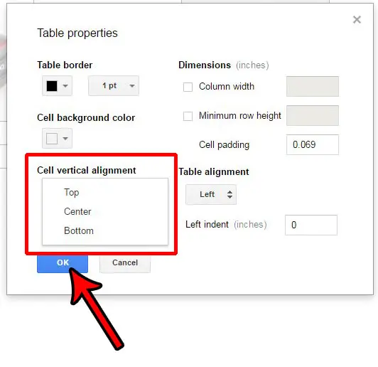 cómo cambiar la alineación vertical de la celda en google docs