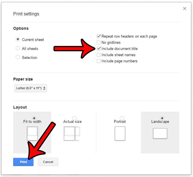 how to print the document title in google sheets