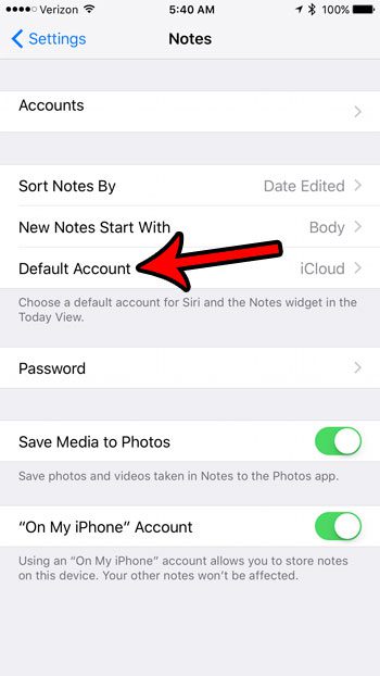 set the notes account used by default on an iphone