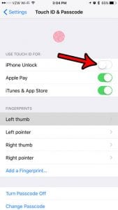 how to disable touch id unlock on the iphone 7