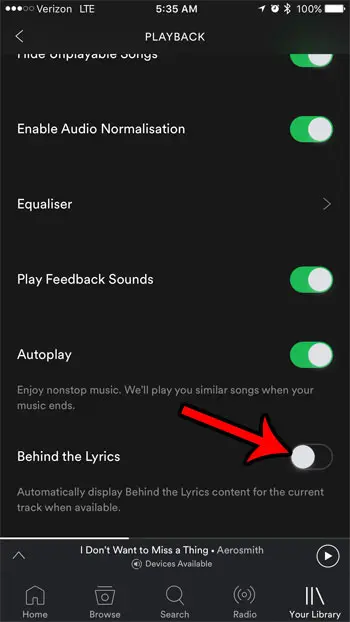 how to turn off behind the lyrics on the spotify iphone app