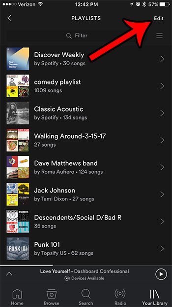 tap the edit button at the top of the spotify playlist screen