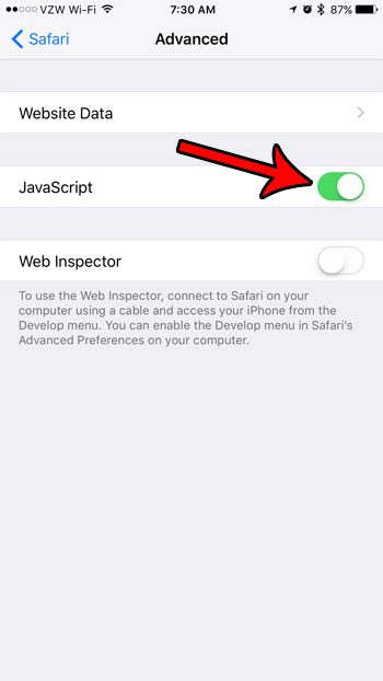 how to enable javascript in safari on iphone 7