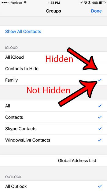how to hide contact groups on an iphone