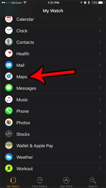 seleccione la pestaña de mapas en la aplicación iPhone Watch