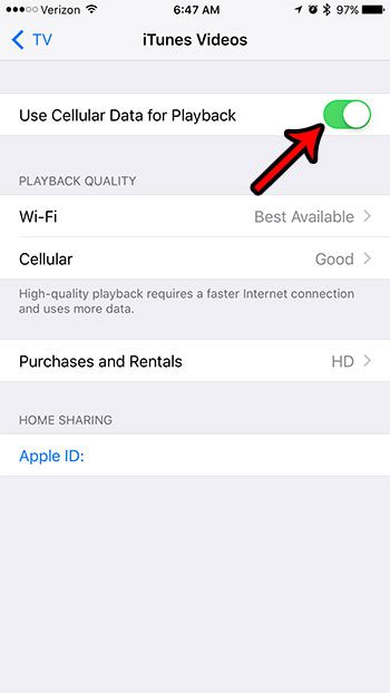 how to use cellular data for itunes video playback