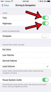 how to avoid tolls and highways on the iphone 7 maps app