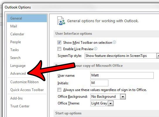 advanced tab in outlook 2013