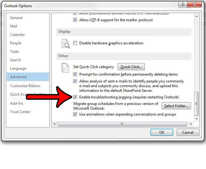 how to enable troubleshooting logging in outlook 2013