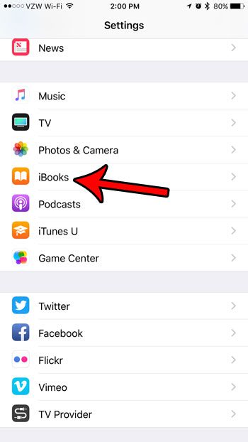 open the ibooks settings menu