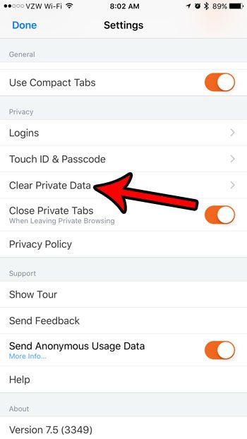 clear private data firefox iphone