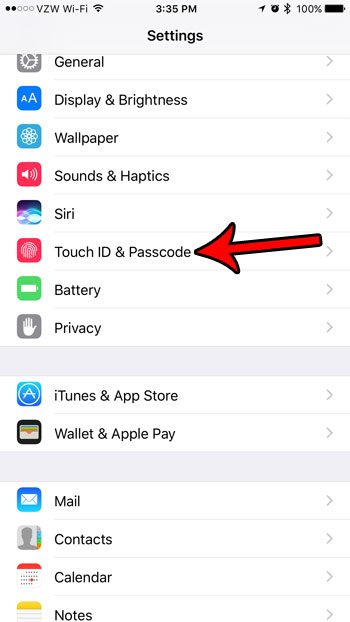 open the iphone touch id and passcode menu