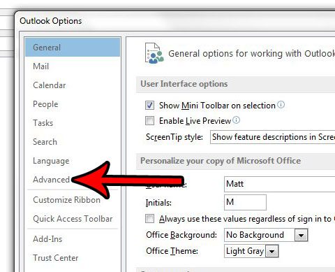 advanced tab in outlook options