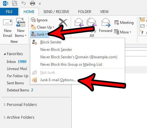 outlook 2013 junk email options