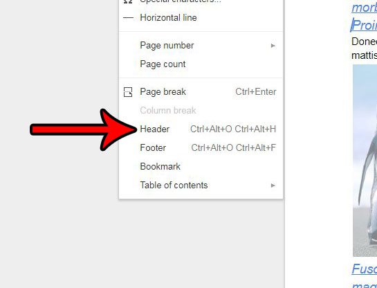 click header on the insert menu
