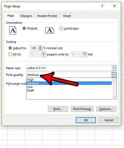 how to change print quality excel 2016