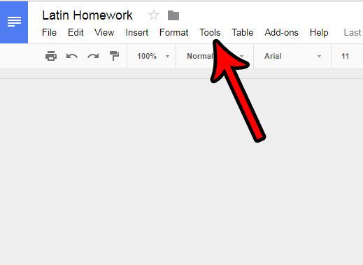 click the tools link at the top of the window in google docs