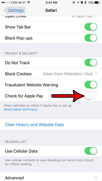 cómo detener los cheques de Apple Pay desde páginas web en Safari