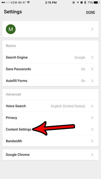 select the content settings option