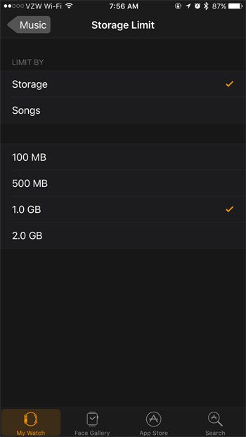 how to change the music storage limit on the apple watch