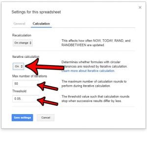 how to turn on iterative calculations in google sheets