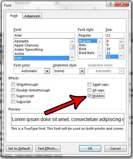 how to hide text in word 2013