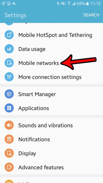 select the mobile networks menu