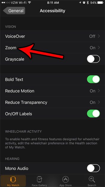 how to turn off zoom on the apple watch
