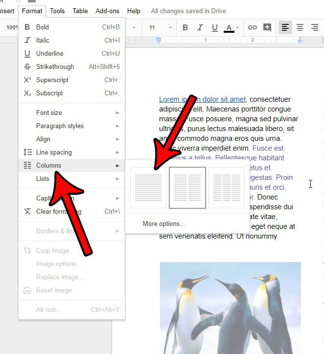 how to switch from two columns to one in google docs